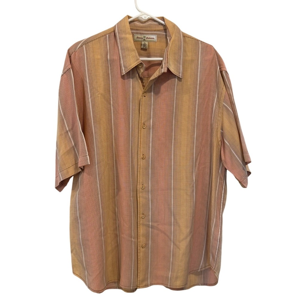 Vintage Tommy Bahama Mens XL Orange Striped Tencel Short Sleeve Button Shirt